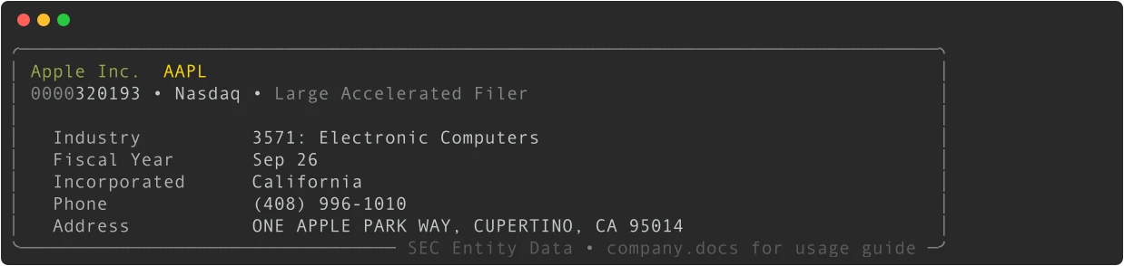 Company lookup output