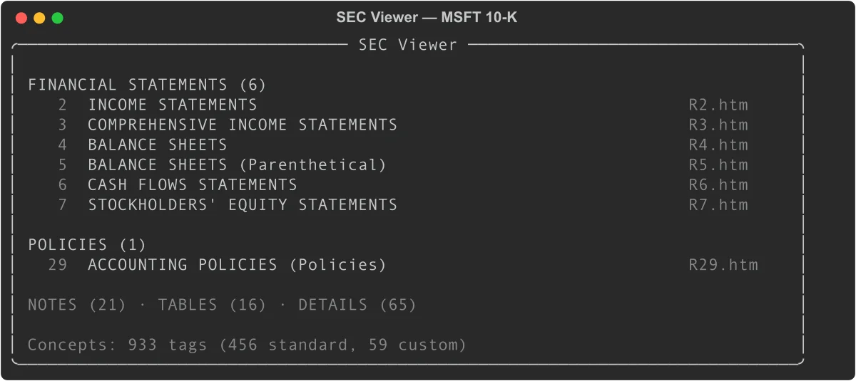 SEC Viewer overview panel for MSFT 10-K, showing categorized reports and concept counts